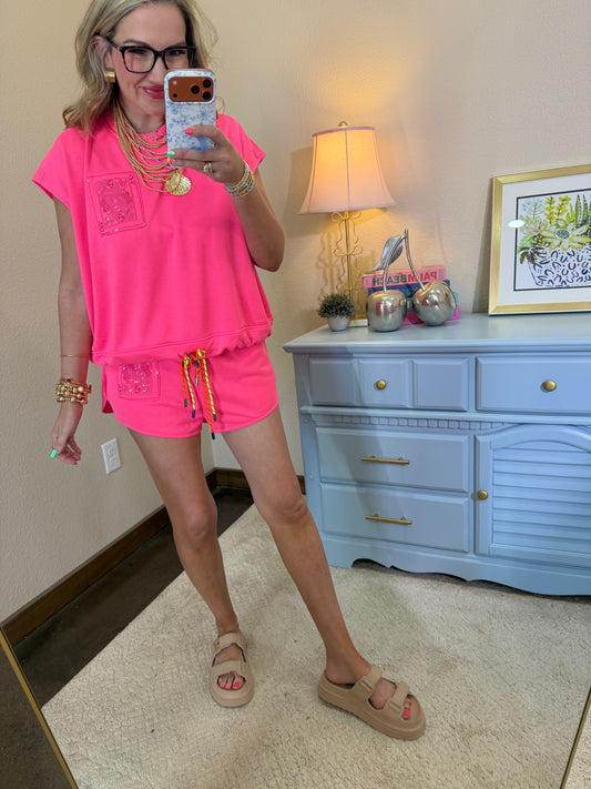 Queen Of Sparkles Neon Pink QOS Card Logo Two Piece Shorts Set