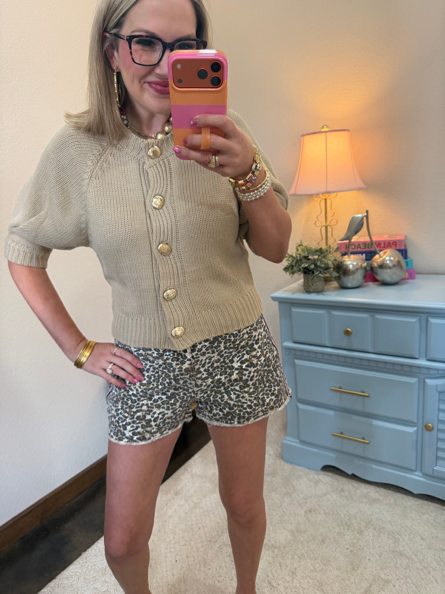 Beige Round Neck Puff Sleeve Front Button Cardigan