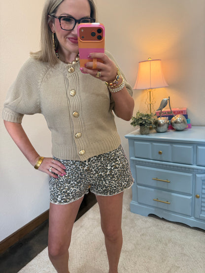 Beige Round Neck Puff Sleeve Front Button Cardigan