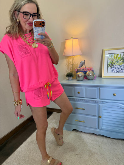 Queen Of Sparkles Neon Pink QOS Card Logo Two Piece Shorts Set