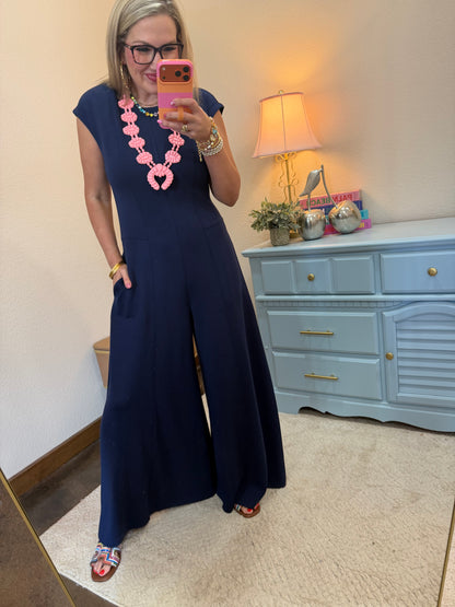 Navy Soft Knit Out Stitches Detail Wide Leg Jumpsuit