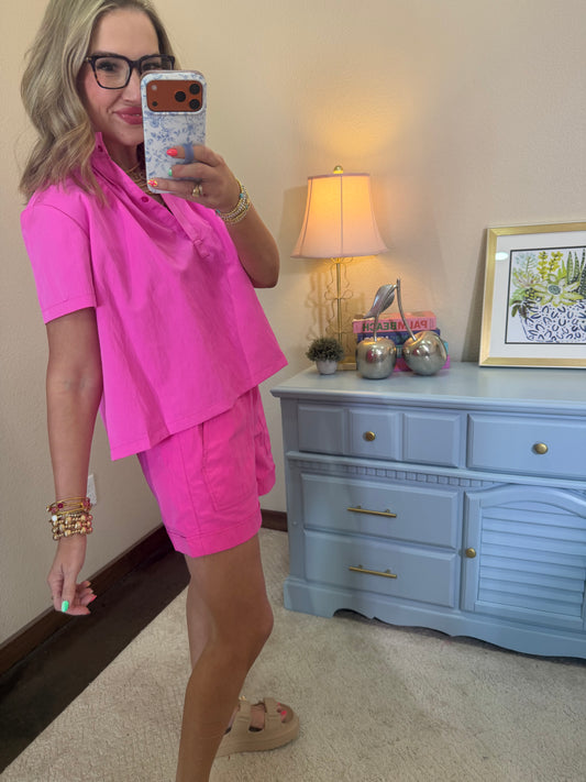 Pink Stand Collar Short Sleeve Shirt