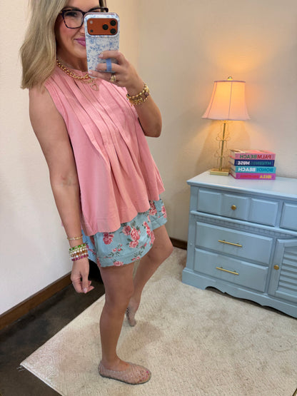 Salmon Pleated Sleeveless Top