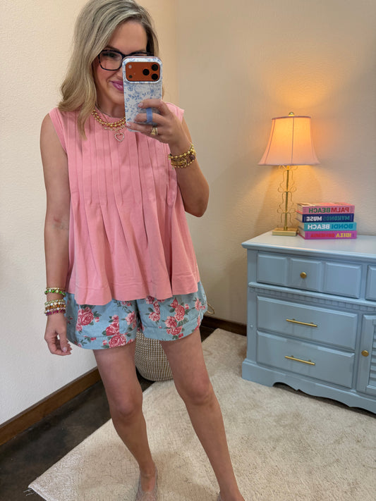 Salmon Pleated Sleeveless Top