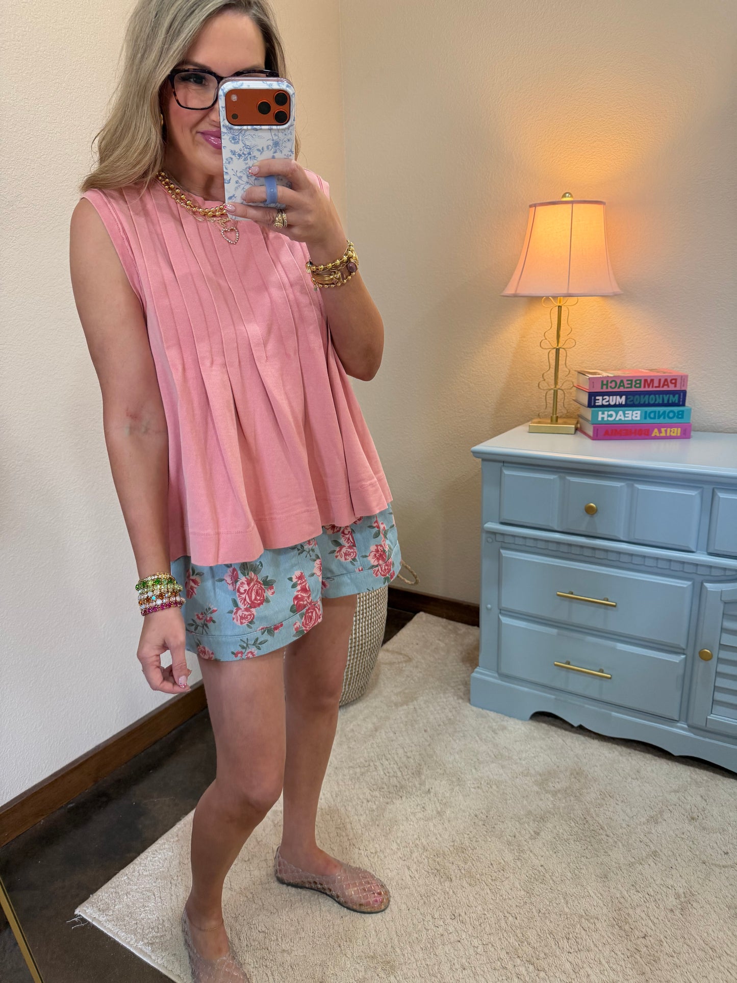 Salmon Pleated Sleeveless Top