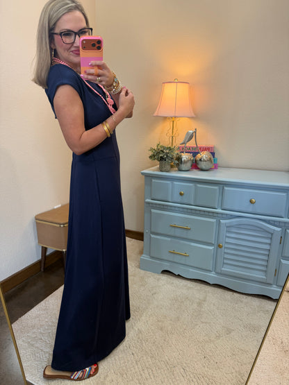 Navy Soft Knit Out Stitches Detail Wide Leg Jumpsuit