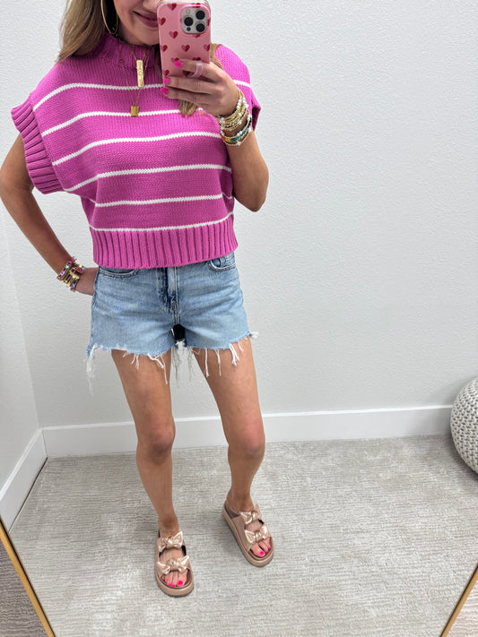 Mauve and White Striped Mock Neck Sweater Top