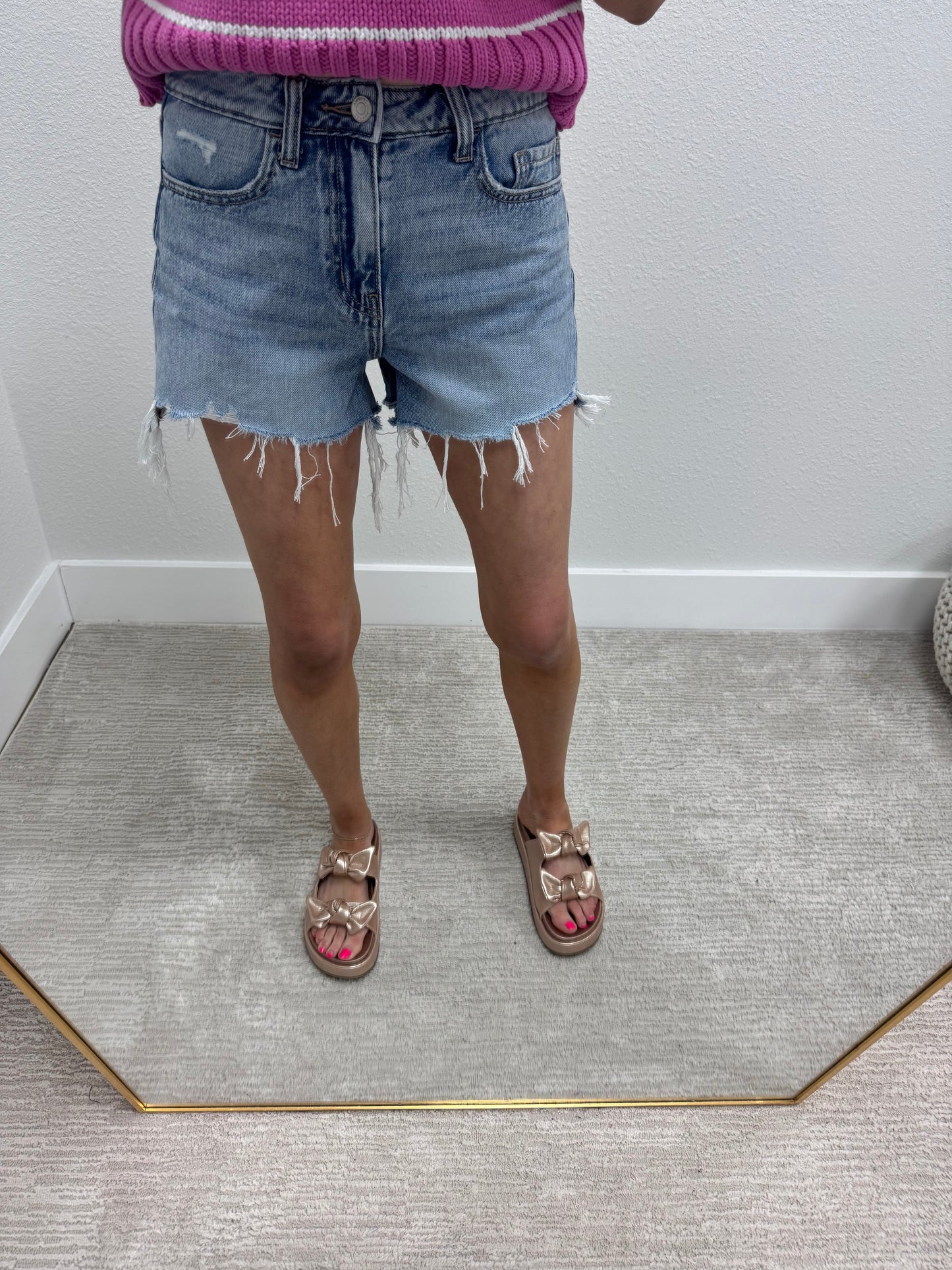 Light Denim Distressed Hem Denim Shorts