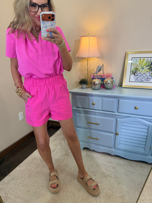 Pink Stand Collar Short Sleeve Shirt