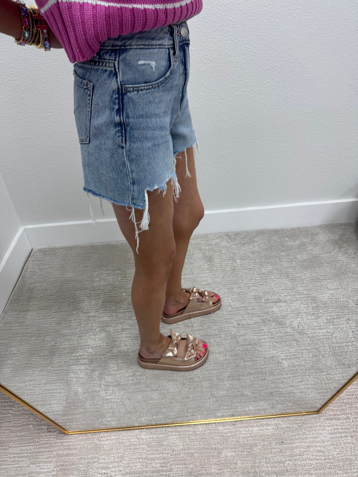 Light Denim Distressed Hem Denim Shorts