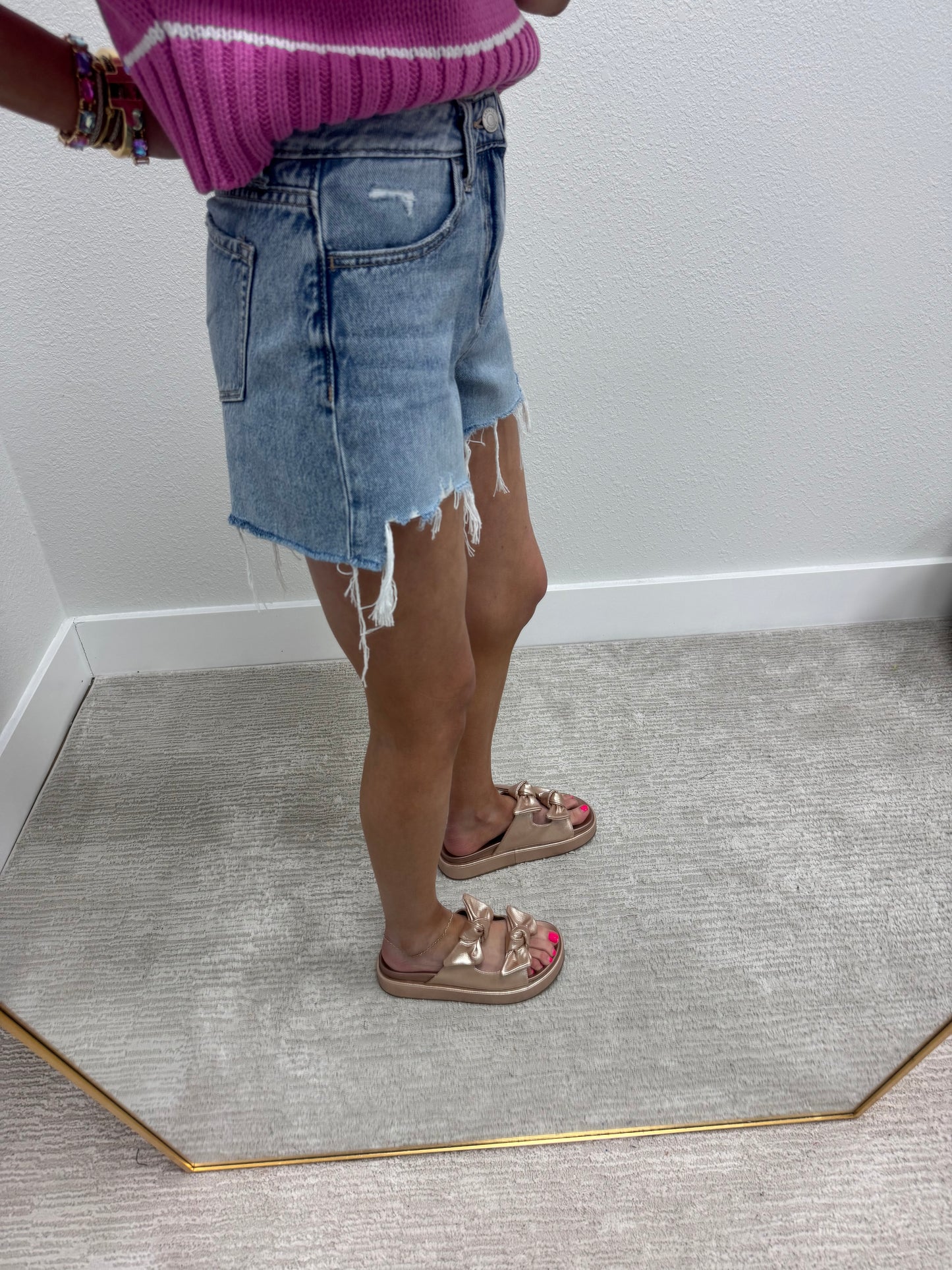 Light Denim Distressed Hem Denim Shorts