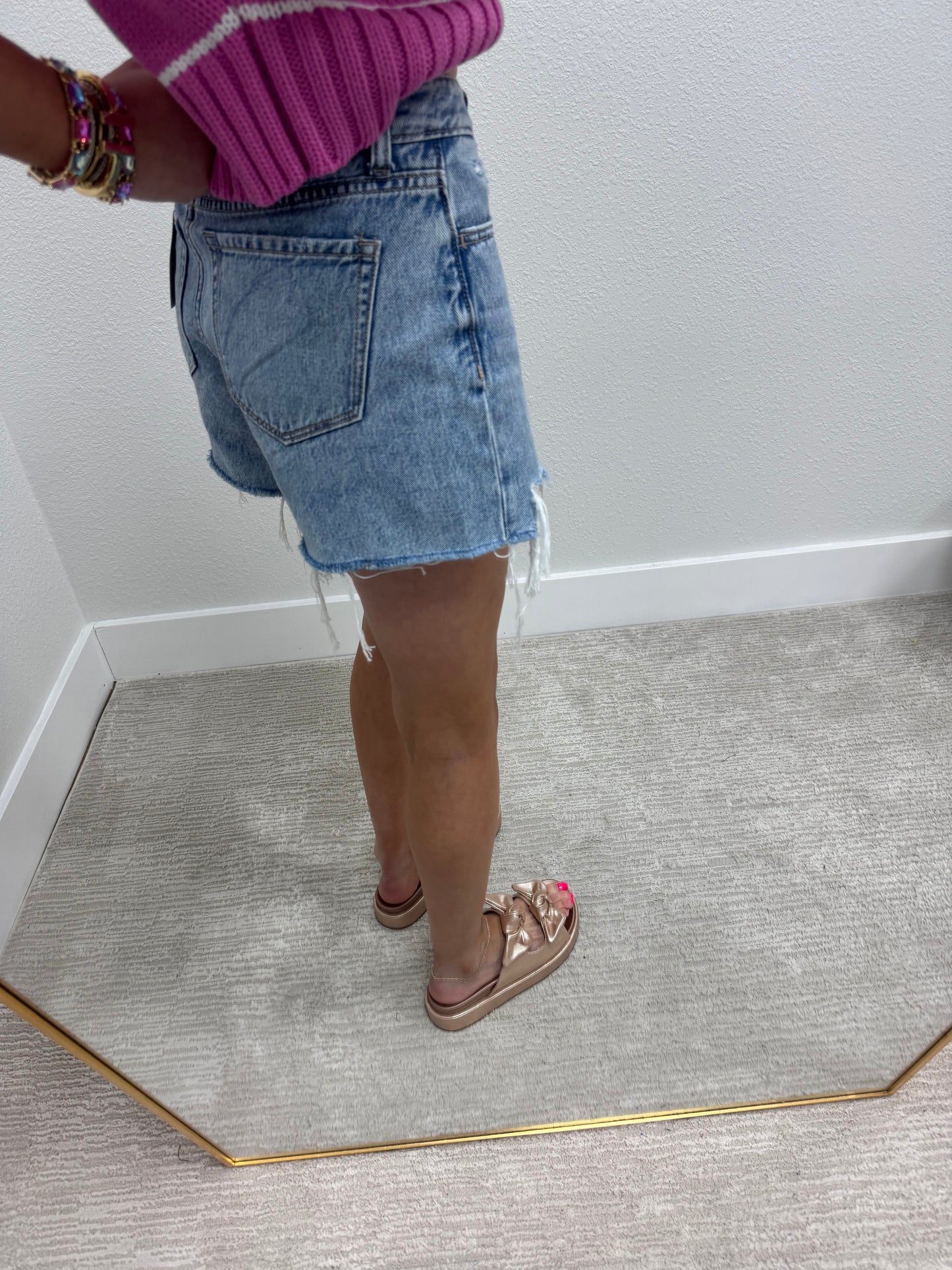 Light Denim Distressed Hem Denim Shorts