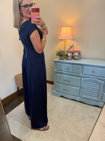 Navy Soft Knit Out Stitches Detail Wide Leg Jumpsuit