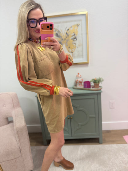 Mocha With Orange Arm Ribbon Detail Round Neck Dress