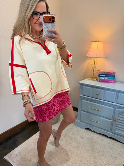 Cream & Red Circle Graphic Half Sleeve Top