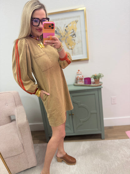 Mocha With Orange Arm Ribbon Detail Round Neck Dress