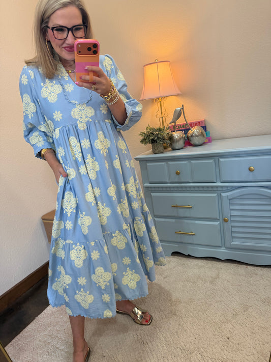 Sky Blue Baroque Floral Midi Dress