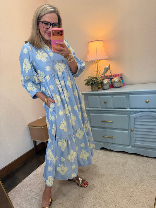 Sky Blue Baroque Floral Midi Dress