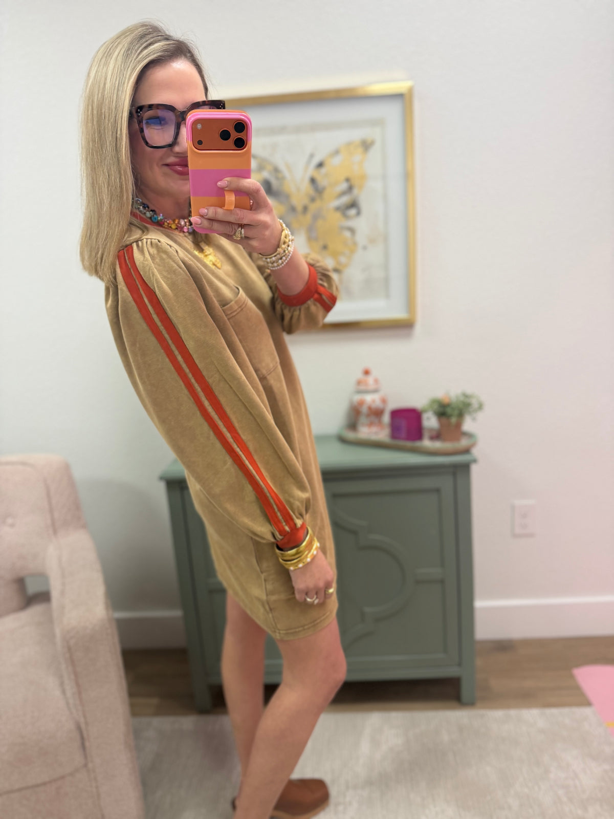 Mocha With Orange Arm Ribbon Detail Round Neck Dress