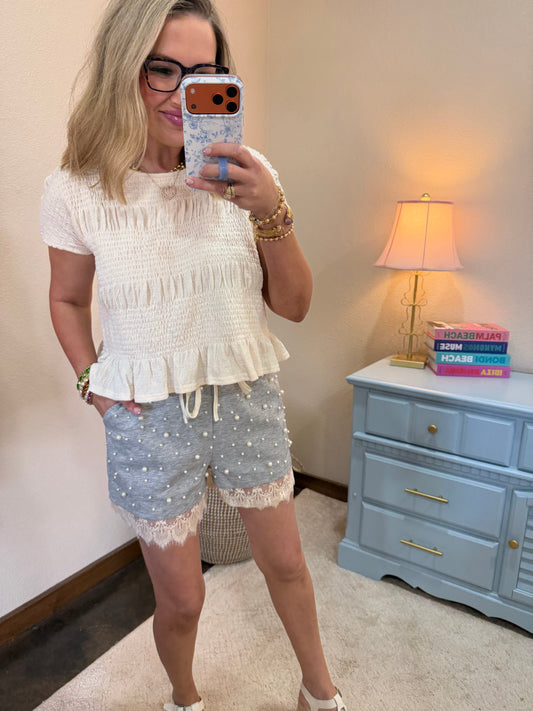 Cream Shirring Detail Short Sleeve Knit Top