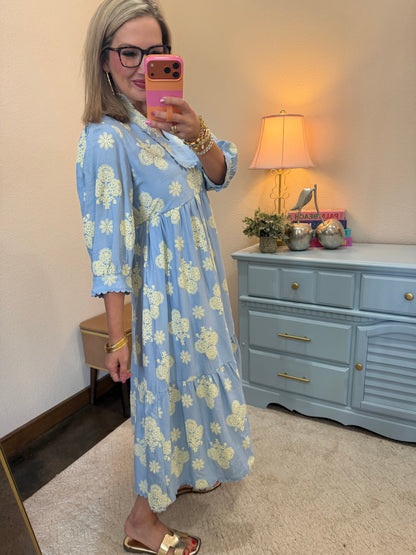 Sky Blue Baroque Floral Midi Dress