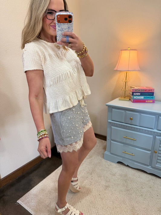 Cream Shirring Detail Short Sleeve Knit Top