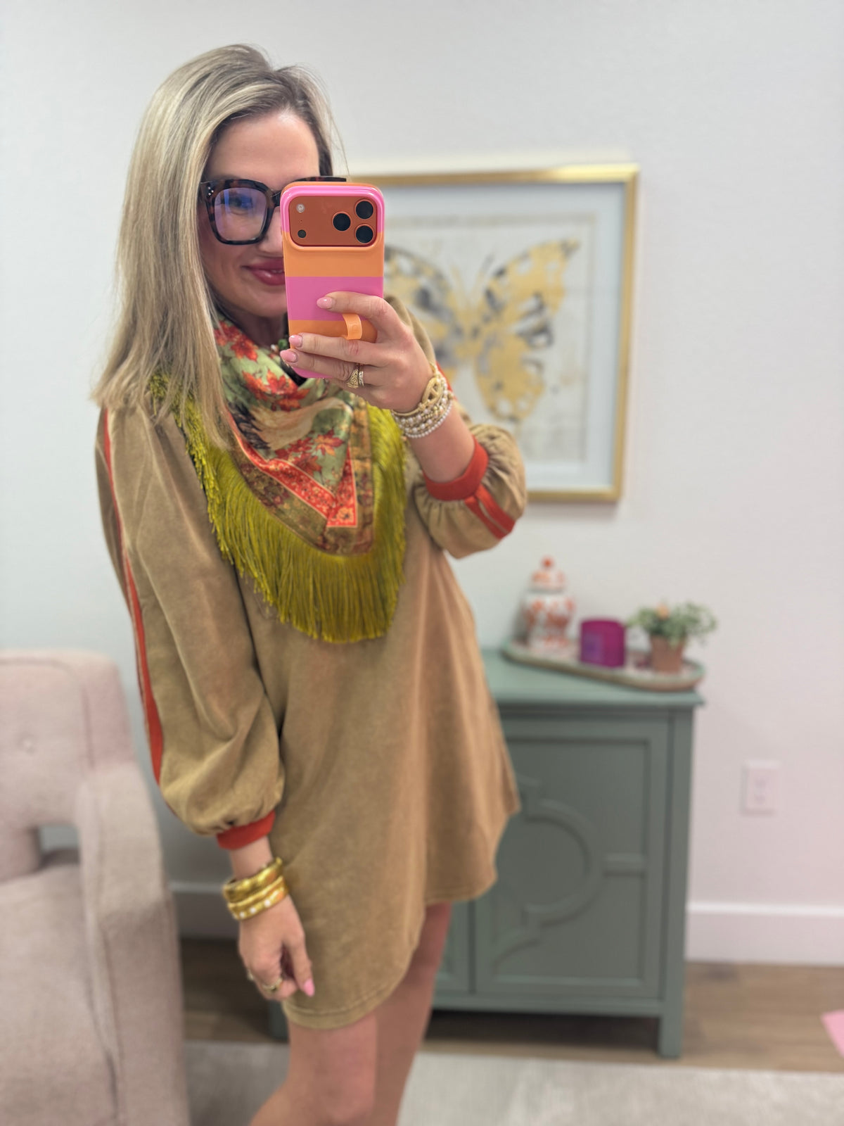 Mocha With Orange Arm Ribbon Detail Round Neck Dress