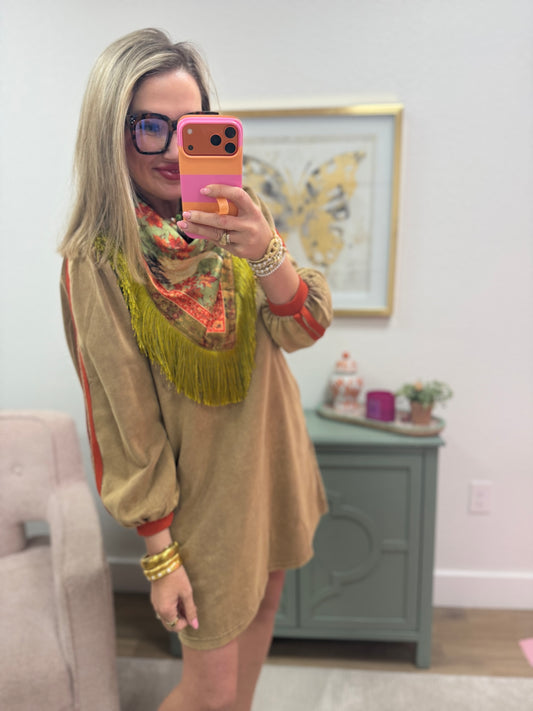 Mocha With Orange Arm Ribbon Detail Round Neck Dress