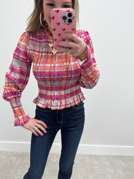 Pink Check Plaid Smocked Blouse