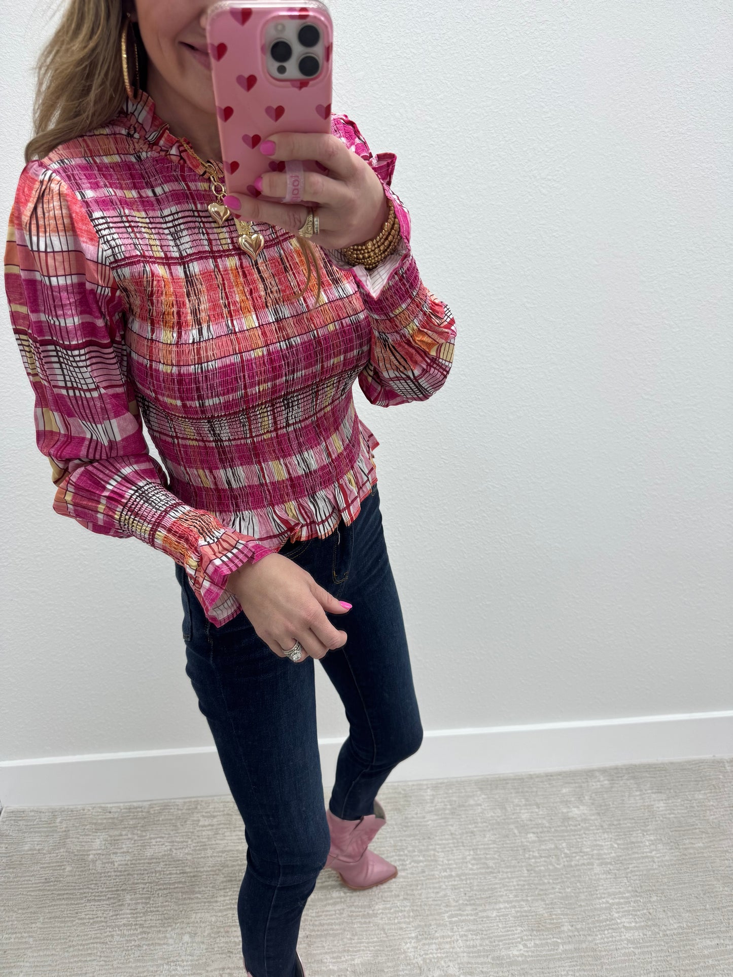 Pink Check Plaid Smocked Blouse