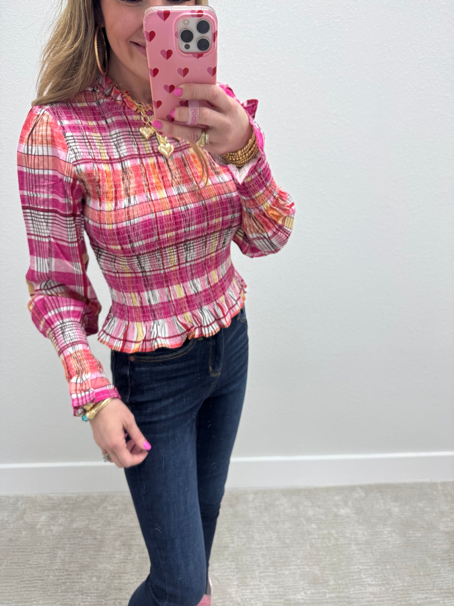 Pink Check Plaid Smocked Blouse