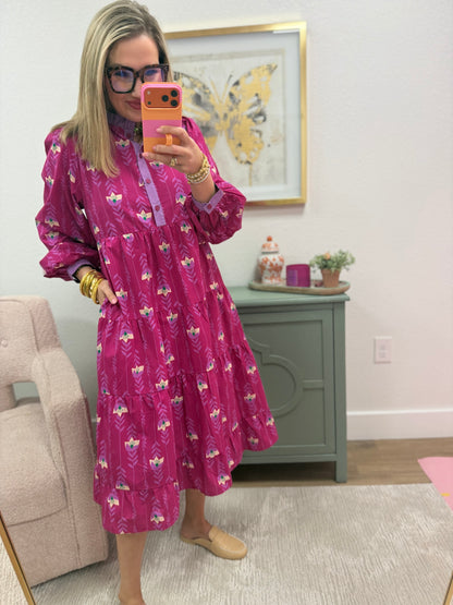 Pink Floral Tiered Midi Dress
