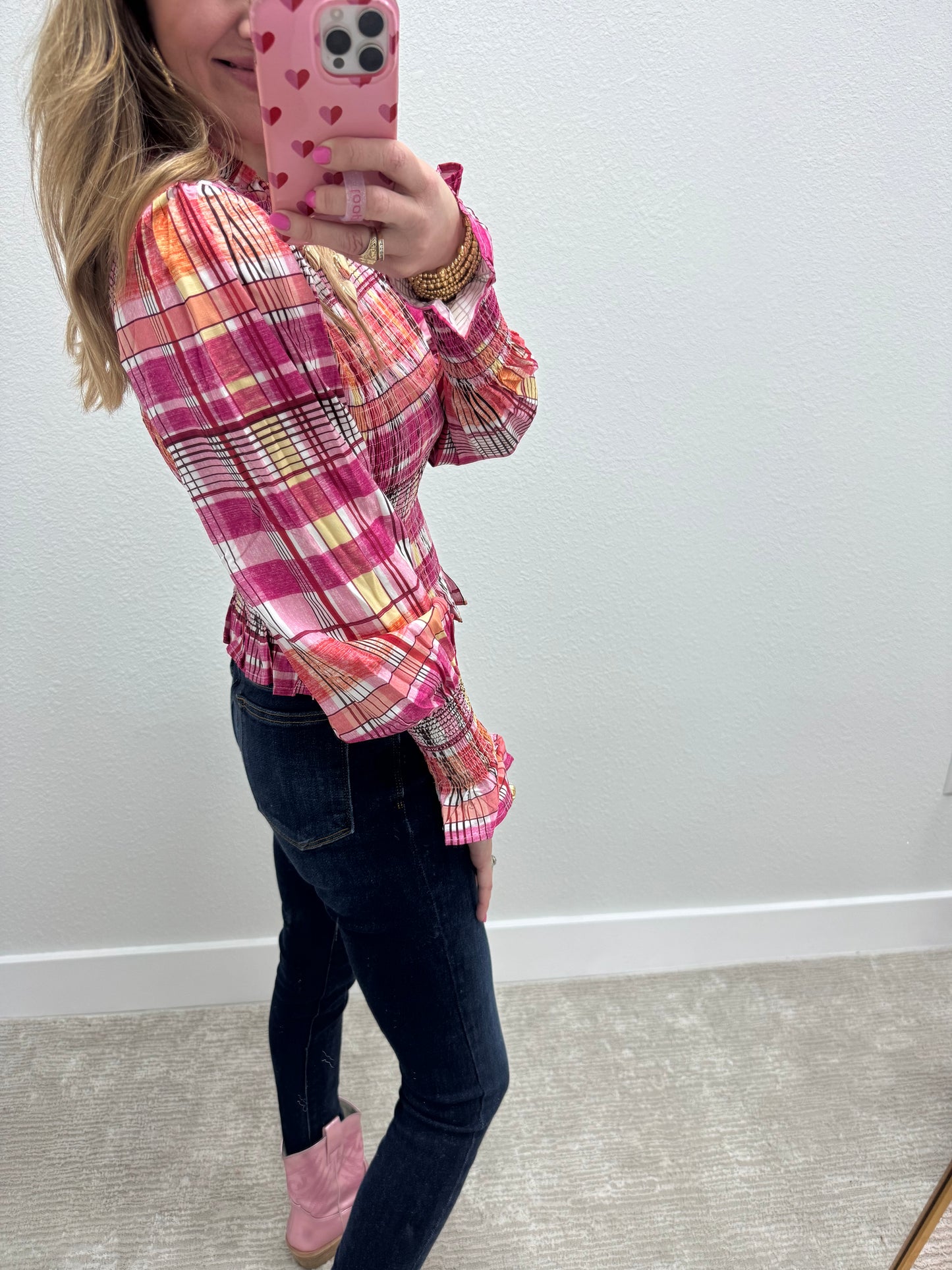 Pink Check Plaid Smocked Blouse