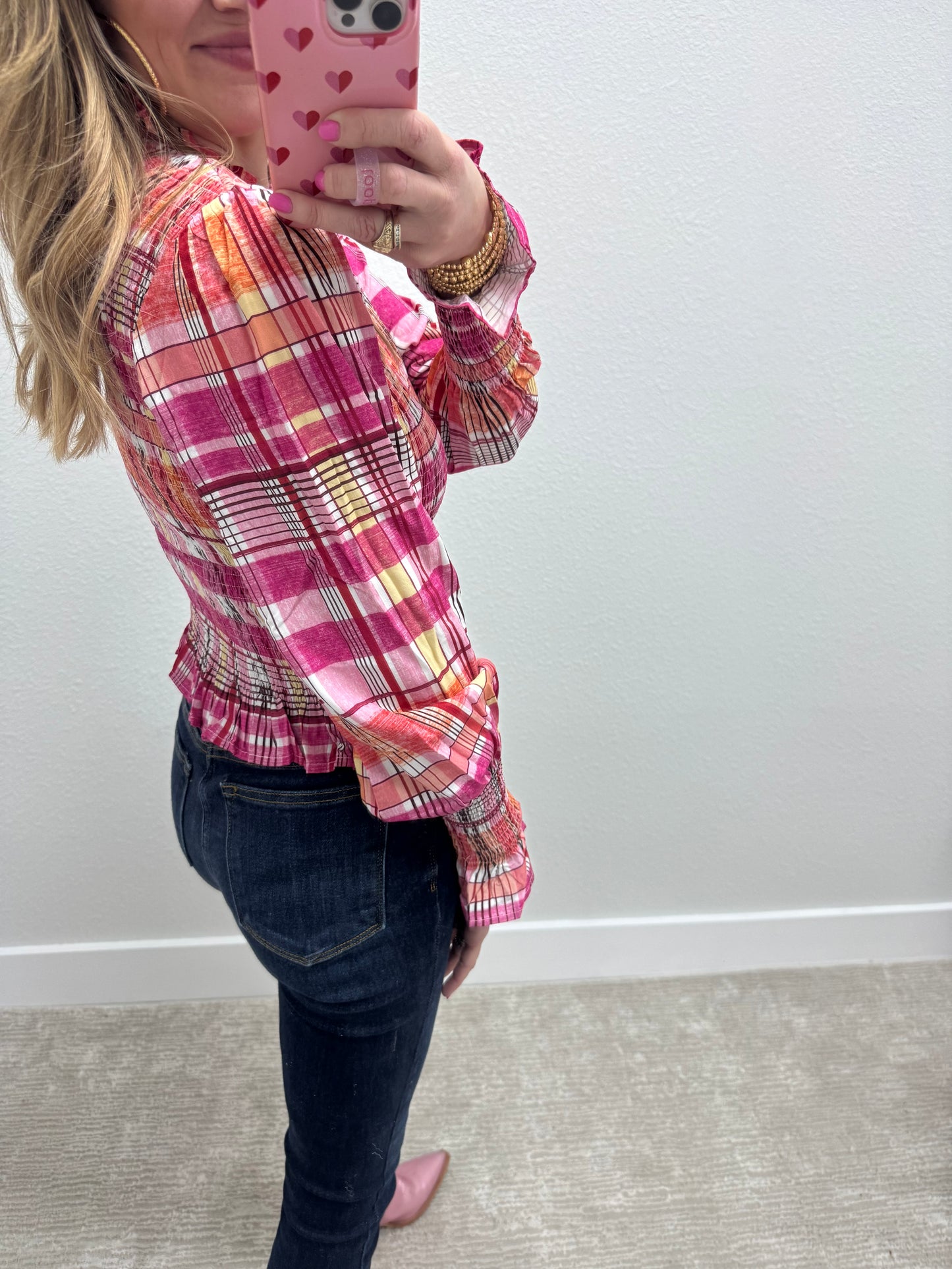 Pink Check Plaid Smocked Blouse