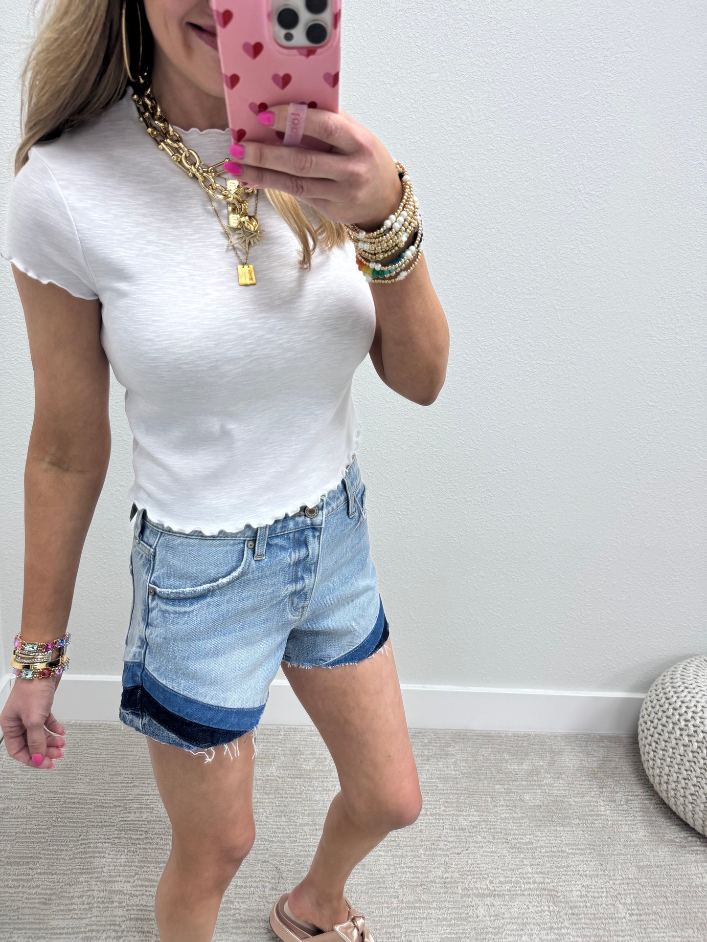 White Cotton Lettuce Trim Crop Short Sleeve