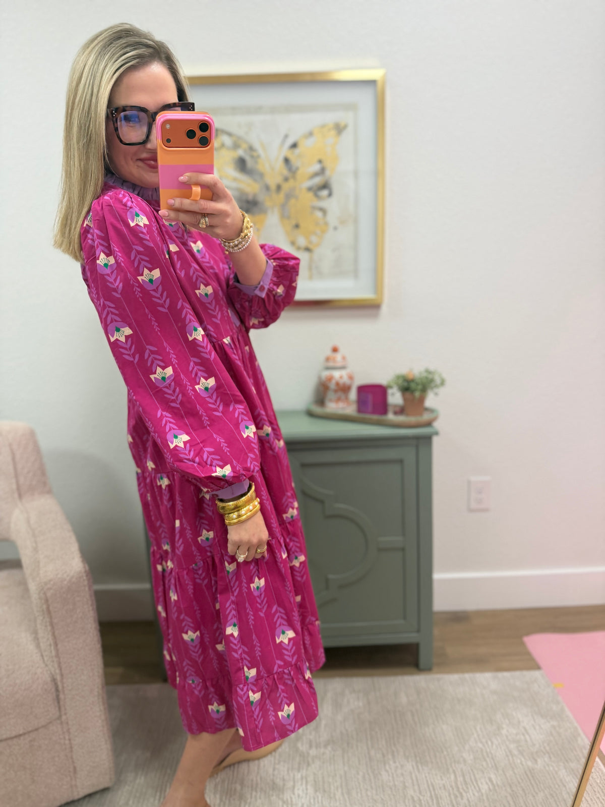 Pink Floral Tiered Midi Dress