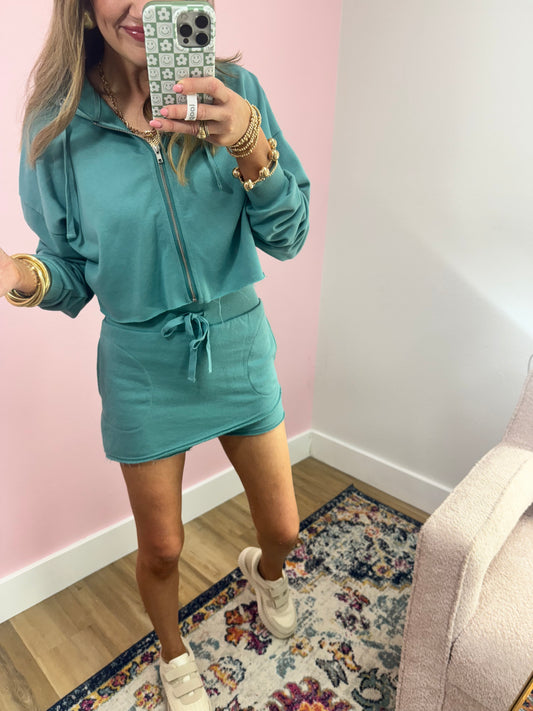 Teal French Terry Zip Up Crop Two Piece Set FS