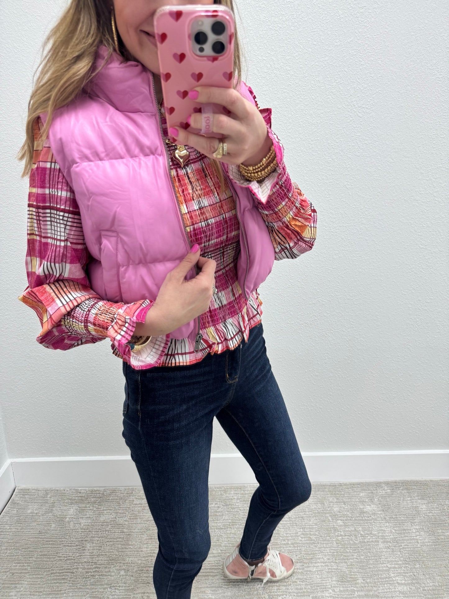 Pink Check Plaid Smocked Blouse