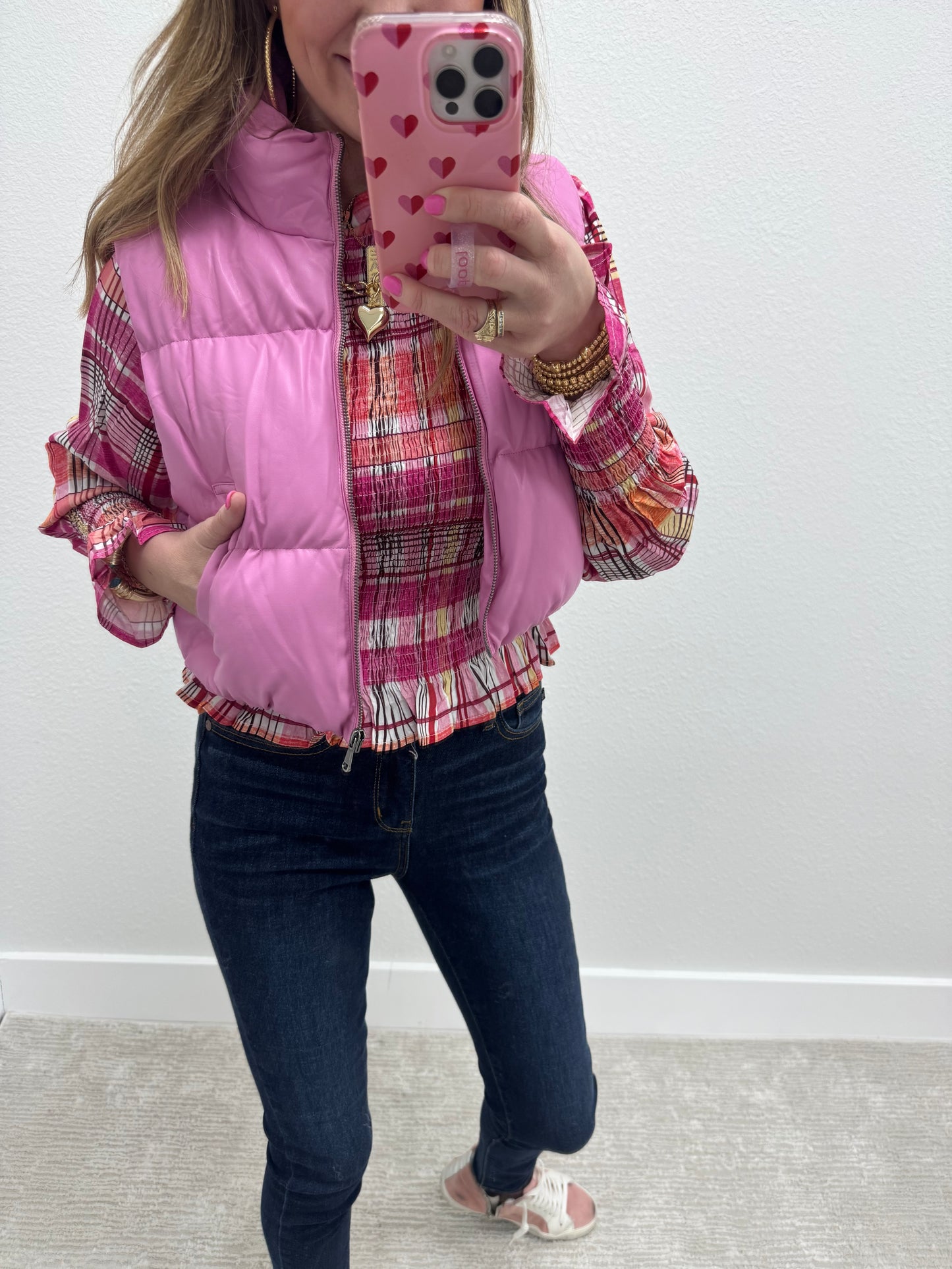 Pink Check Plaid Smocked Blouse