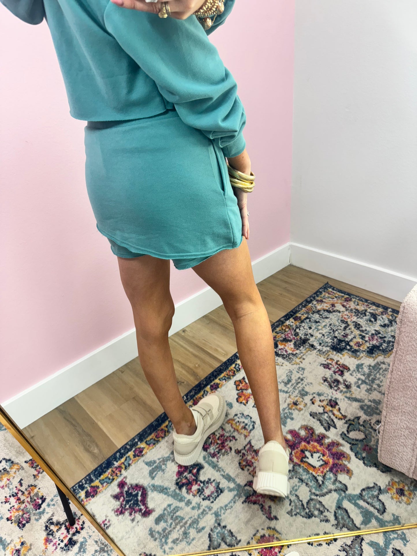 Teal French Terry Zip Up Crop Two Piece Set FS