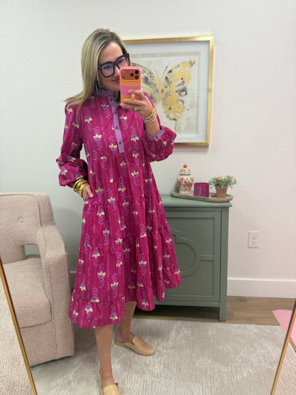 Pink Floral Tiered Midi Dress