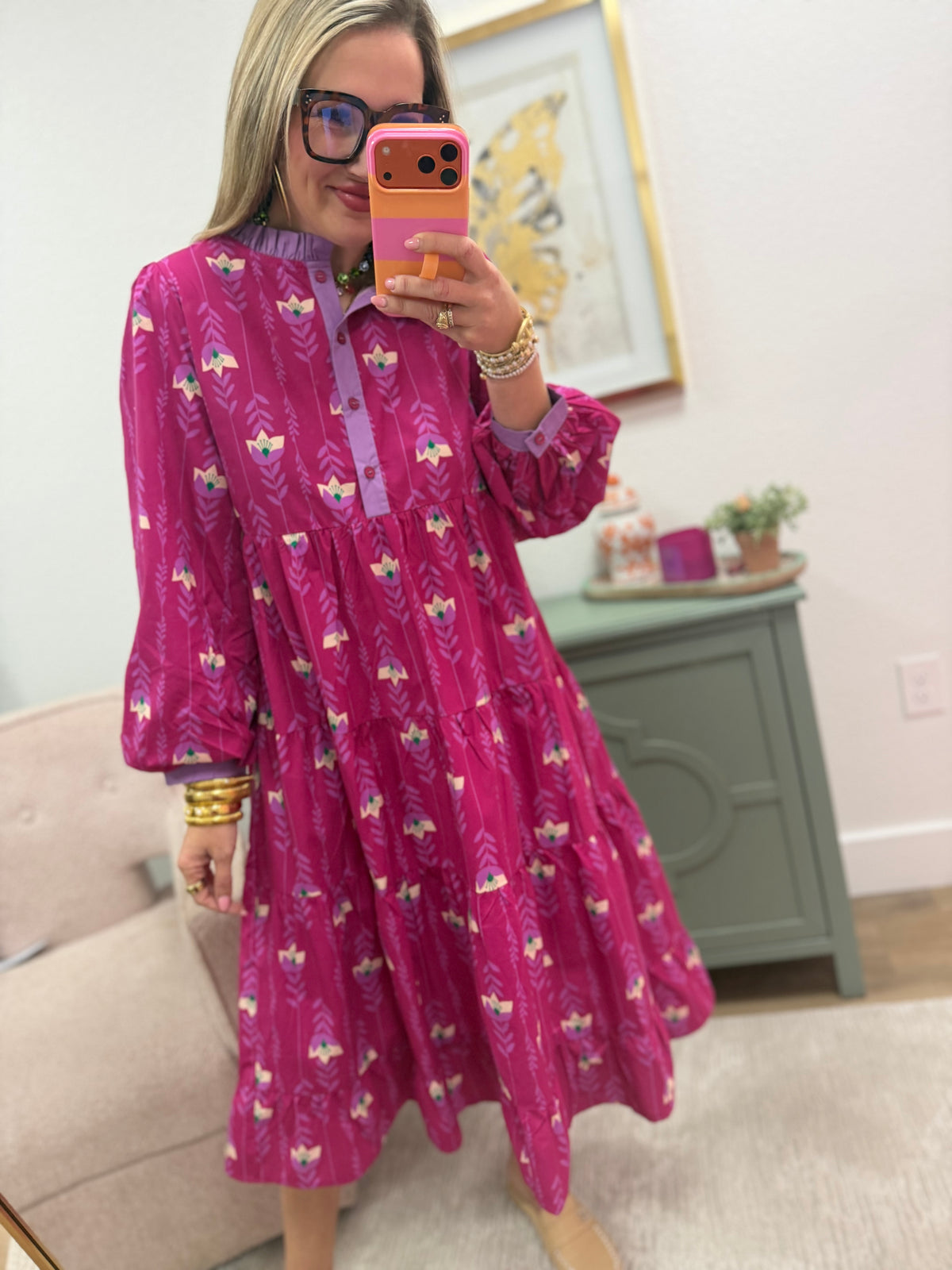 Pink Floral Tiered Midi Dress