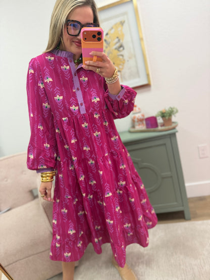 Pink Floral Tiered Midi Dress