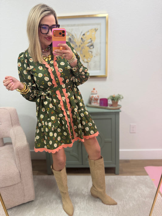 Floral Olive With Pink Detail Scallop Dress