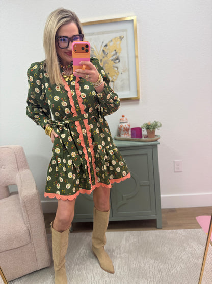 Floral Olive With Pink Detail Scallop Dress