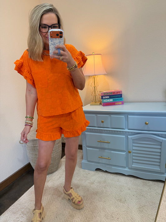 Orange Floral Textured Ruffled Knit Top & Shorts Set