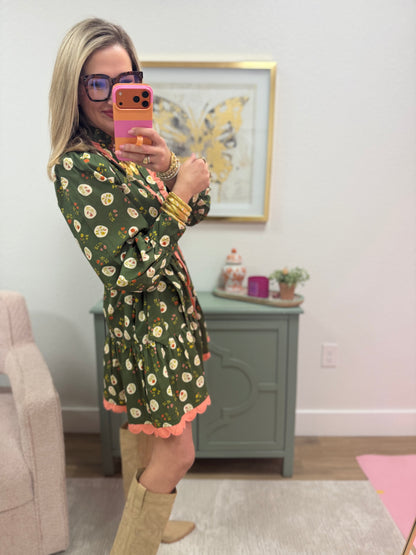 Floral Olive With Pink Detail Scallop Dress