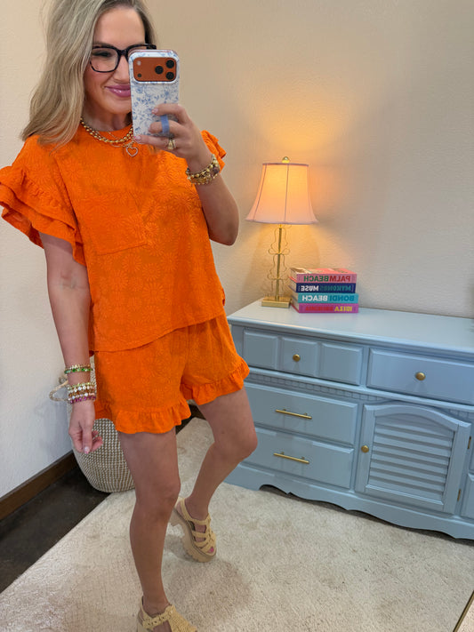 Orange Floral Textured Ruffled Knit Top & Shorts Set