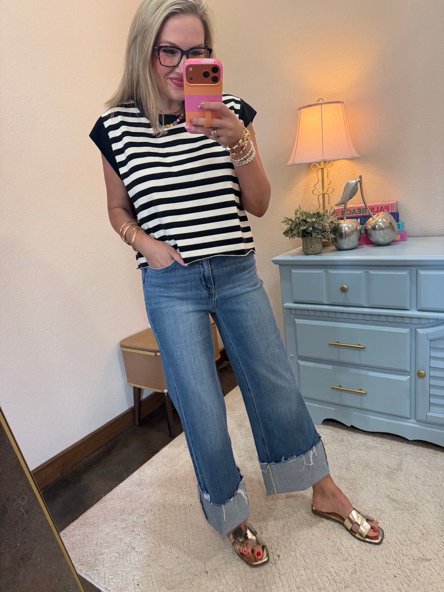 Black Ivory Stripe Cotton & Solid Rib Over-sized Sleeveless Top