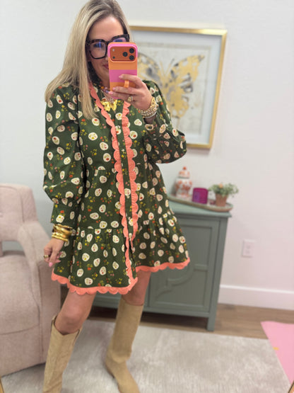 Floral Olive With Pink Detail Scallop Dress
